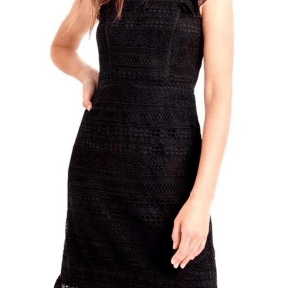 J.Crew Black Lace Dress with Ruffle Trim Flutter Sleeves, Size 12 Chic & Elegant